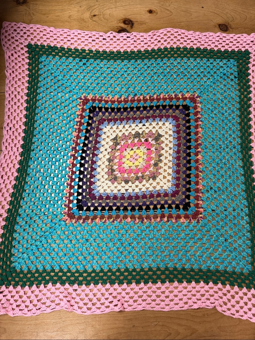 Hand Crocheted  Colorful Blanket Cozy Warm Afghan 55” X 55”